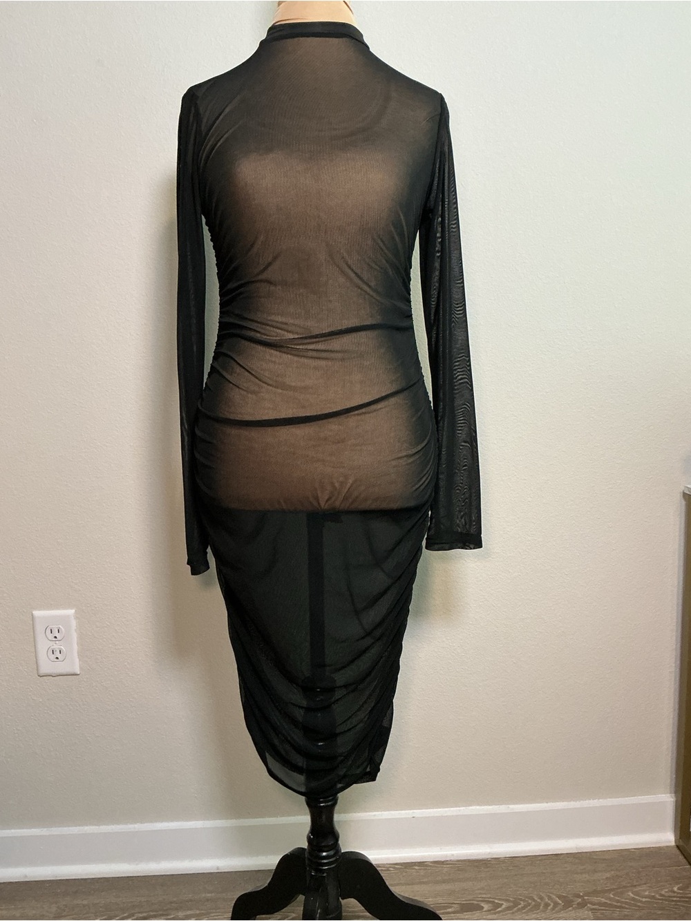 Sheer Black Long-Sleeve Midi Dress